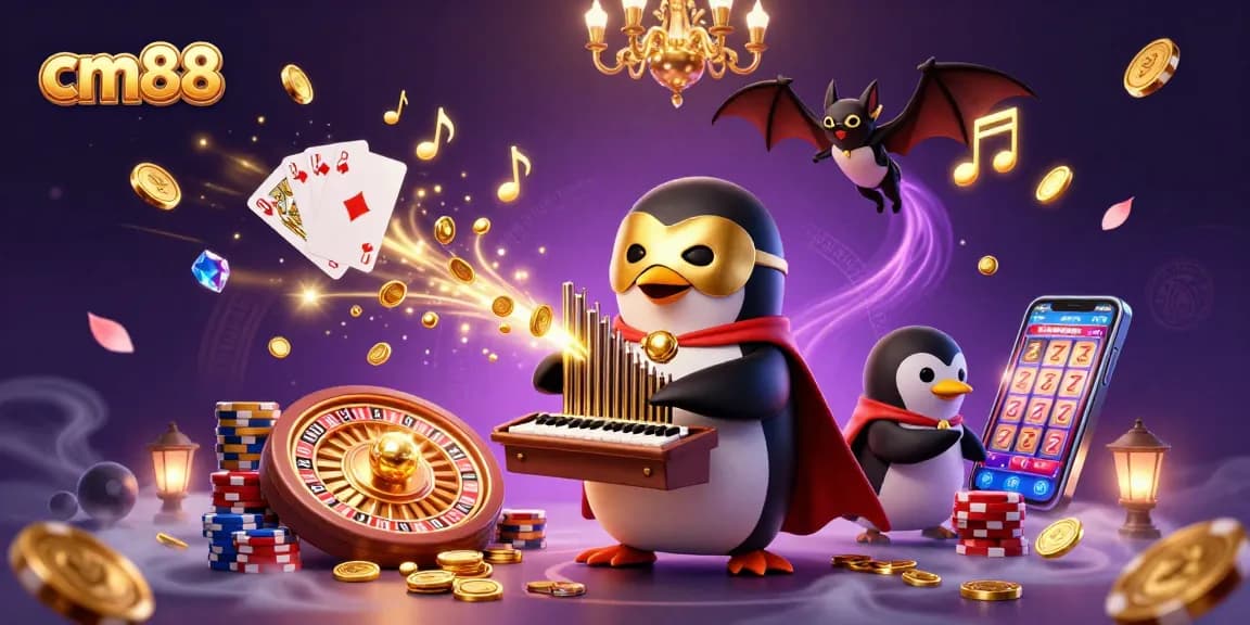 Spin and win with cm88 in a vibrant casino illustration featuring golden coins and playful characters.