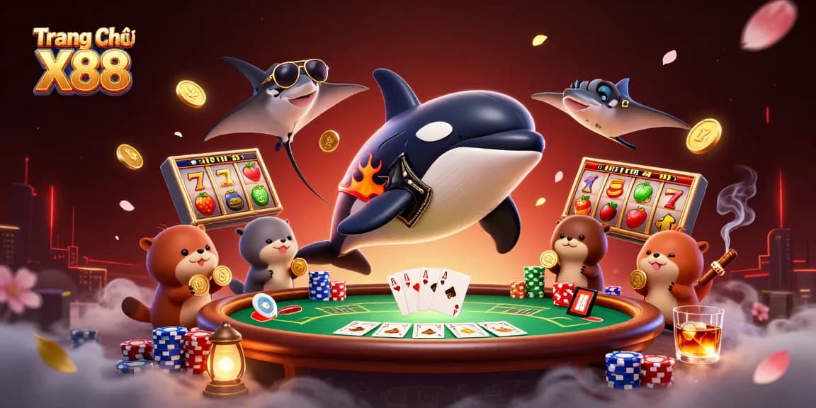 Experience the excitement of Trang Chủ X88 with vibrant characters and casino elements amidst a dynamic, colorful scene.