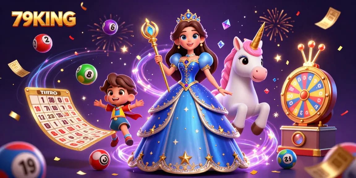 Engage with 79KING's exciting casino universe featuring a royal ballgown beauty and a magical unicorn, adorned with vibrant lottery elements.