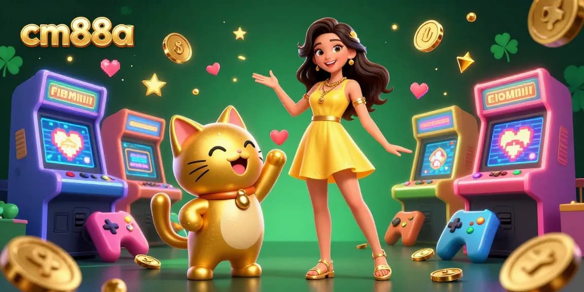 Engaging cm88a casino illustration showcasing vibrant games and lucky cat mascot.