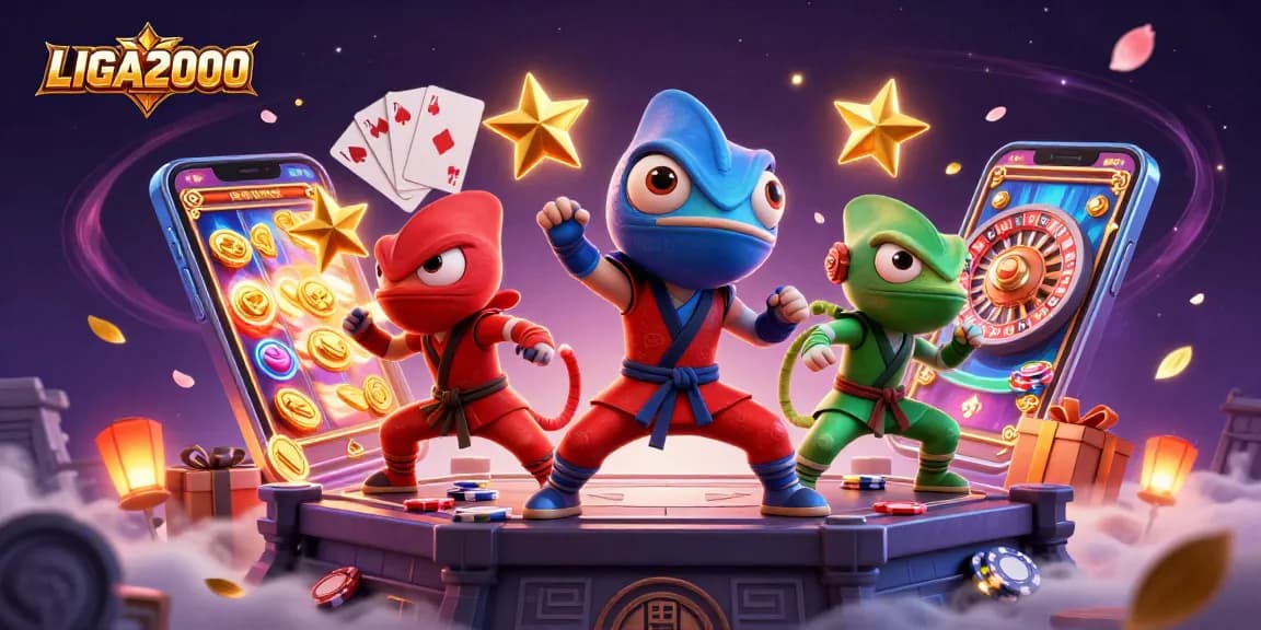 Ninja chameleon LIGA2000 memamerkan keterampilan mereka dengan latar belakang permainan slot berwarna-warni dan koin emas.