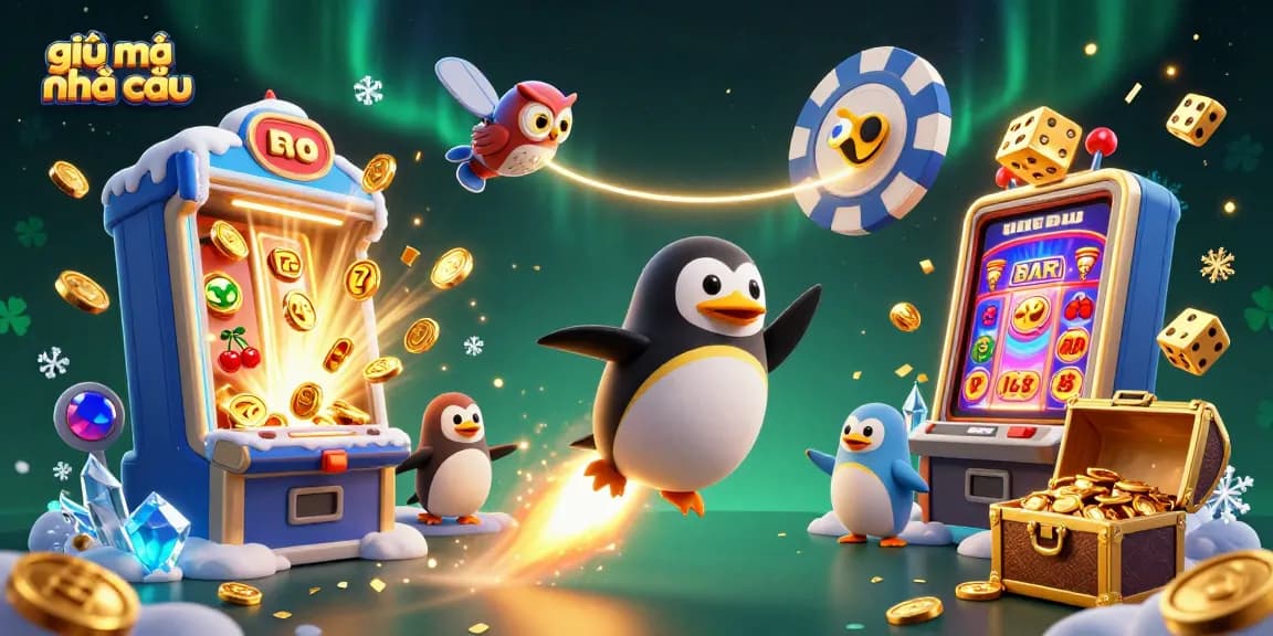 Experience the thrill of "giải mã nhà cái" with a 3D cartoon penguin amid dynamic casino elements.
