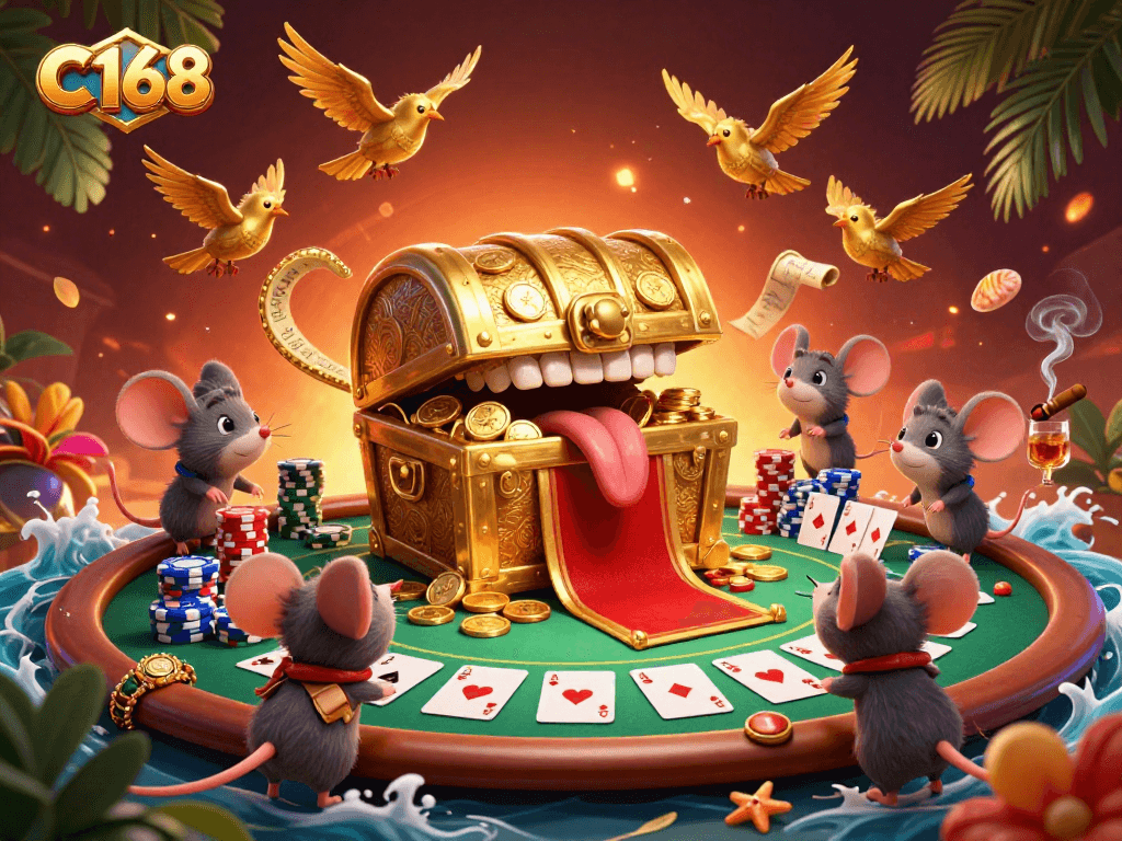 C168 players engage with a vibrant casino scene featuring treasure and poker elements, promising thrilling gaming adventures.