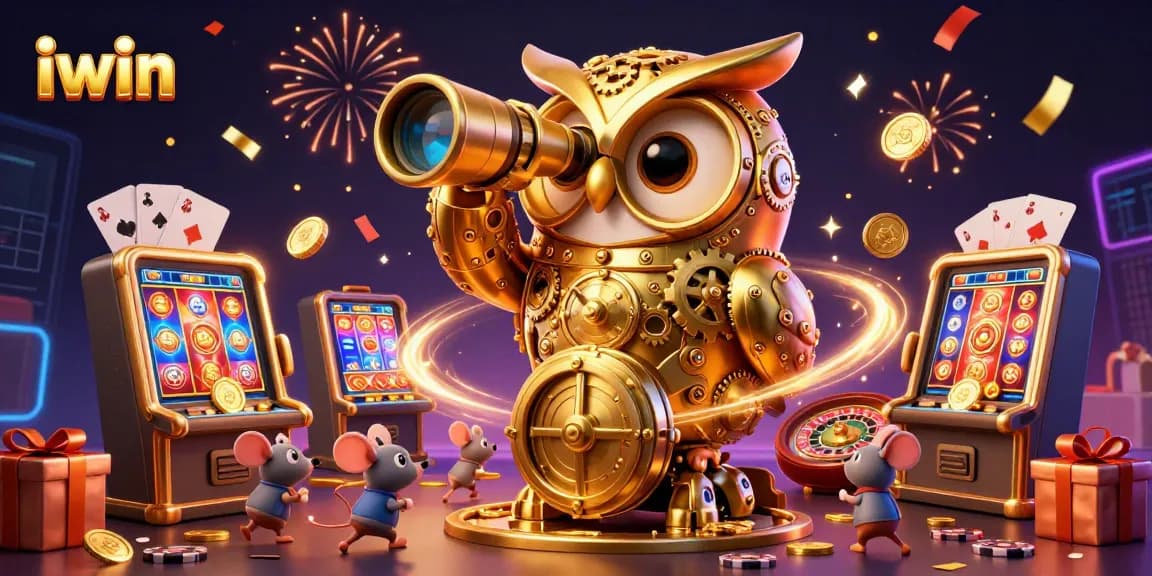 A mesmerizing iwin illustration featuring a golden owl scanning a casino, vibrant game elements cascading around