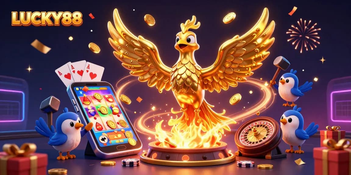 Experience thrilling wins with LUCKY88 as a golden phoenix emerges in this vibrant casino scene.