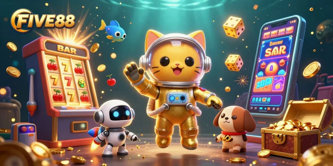 Experience the thrill of gambling at FIVE88 with vibrant slot machines and unique 3D characters.
