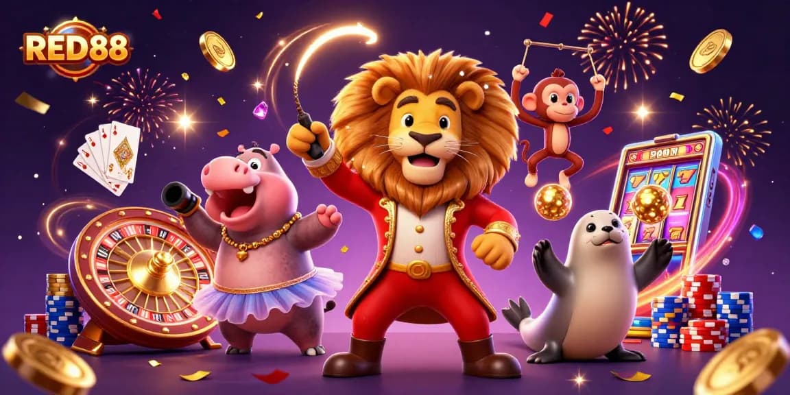 Experience excitement with RED88 in a vibrant 3D casino scene full of dynamic characters and game elements.