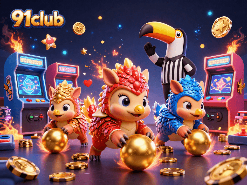 Engaging scene featuring 91club pangolins battling for golden poker chips amidst vibrant casino elements.
