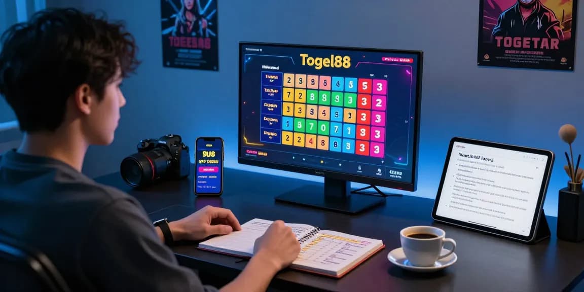 Togel88 Rtp Terbaru betting scene with multiple screens and strategy notes showcasing dynamic online gambling excitement.