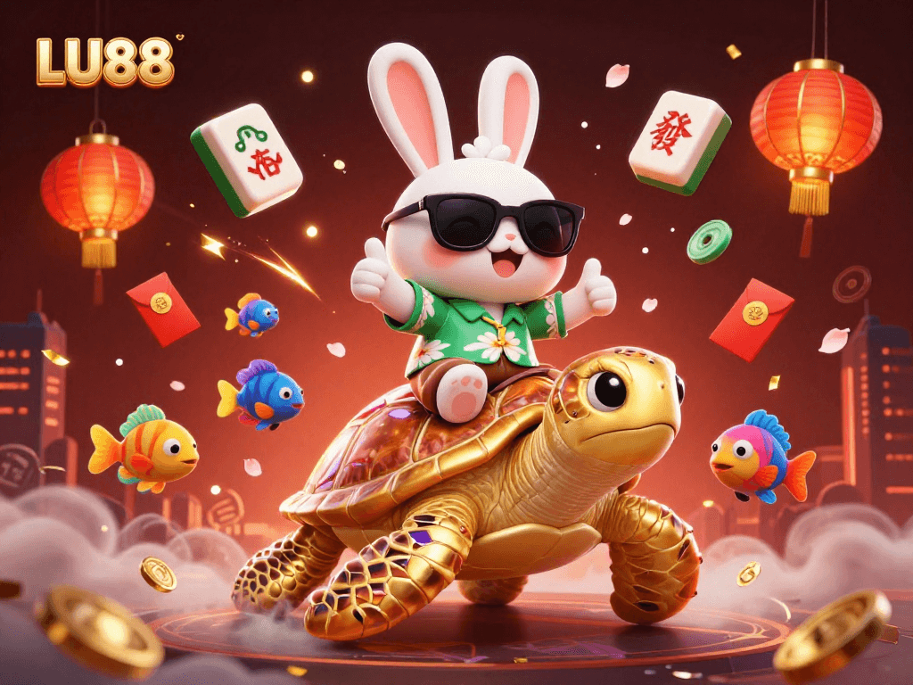 LU88 gaming excitement with a lucky rabbit and golden turtle in a vibrant casino adventure
