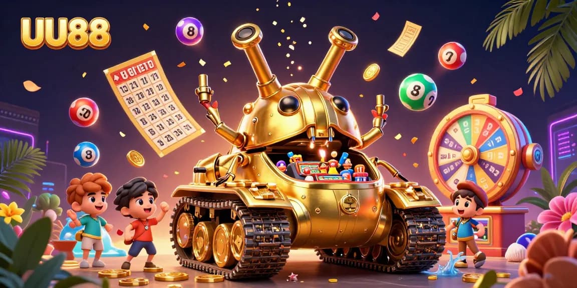 Experience UU88 with a vibrant casino scene featuring dynamic lottery elements and a unique beetle tank.