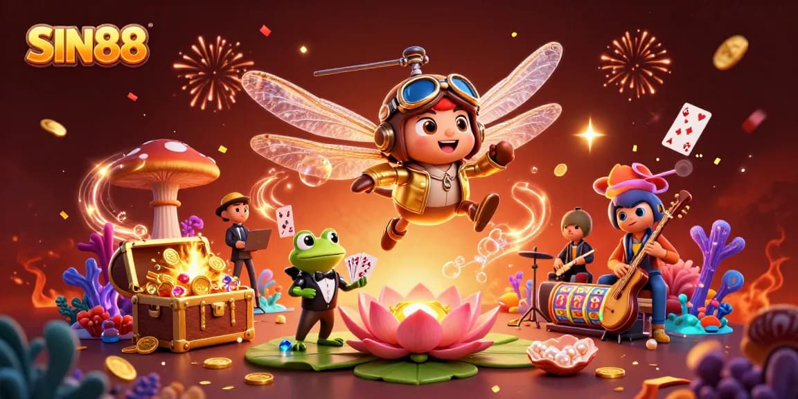SIN88 showcases a vibrant dragonfly pilot in a lily pad casino scene with a frog croupier and jazz-playing crickets.