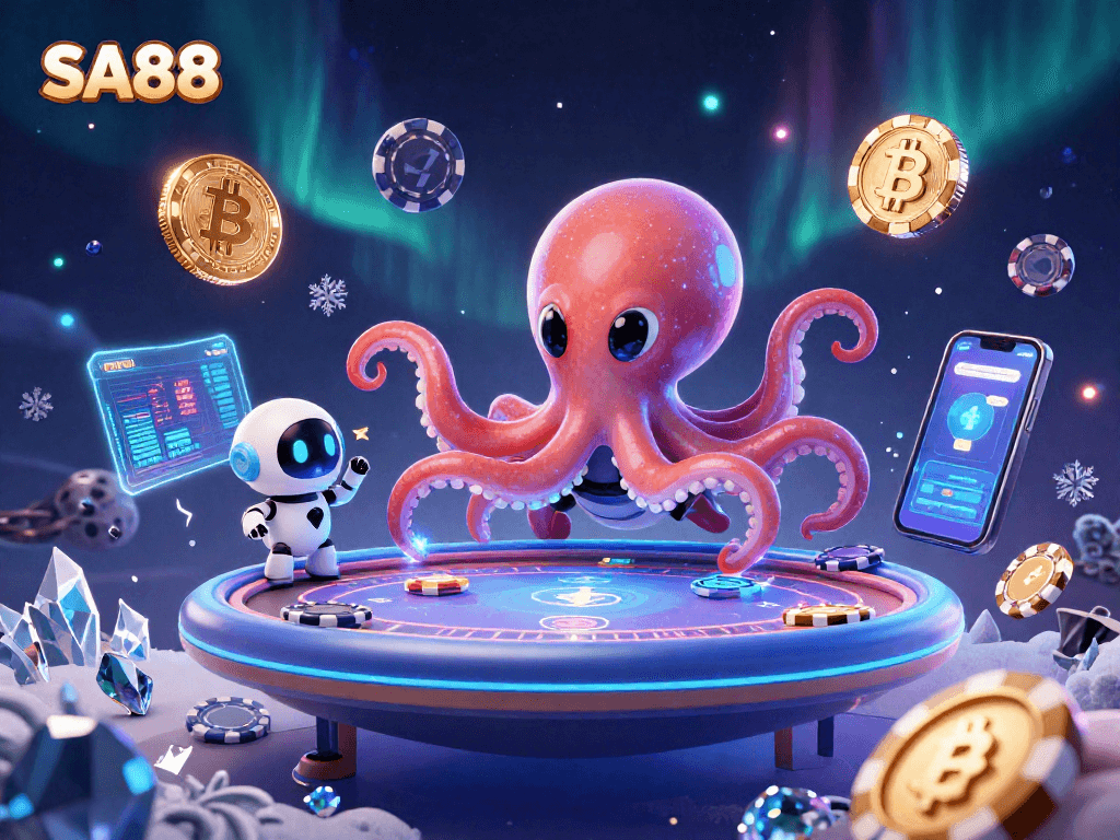 Experience thrilling gaming at SA88 with an alien octopus dealer managing poker in a vibrant cosmic casino.