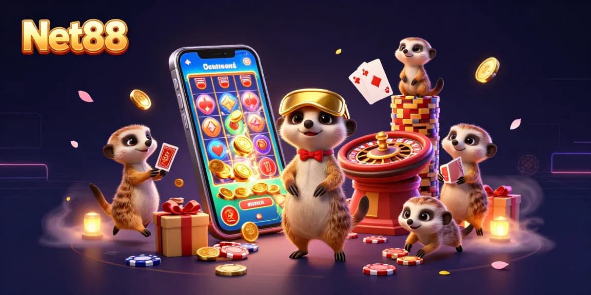 Experience dazzling Net88 gaming with meerkats in a vibrant casino setup showcasing thrilling action.
