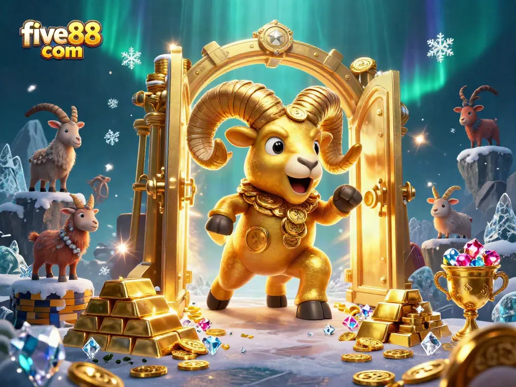 Experience the thrill of five88 com with a golden ram charging towards wealth in a vibrant casino scene.