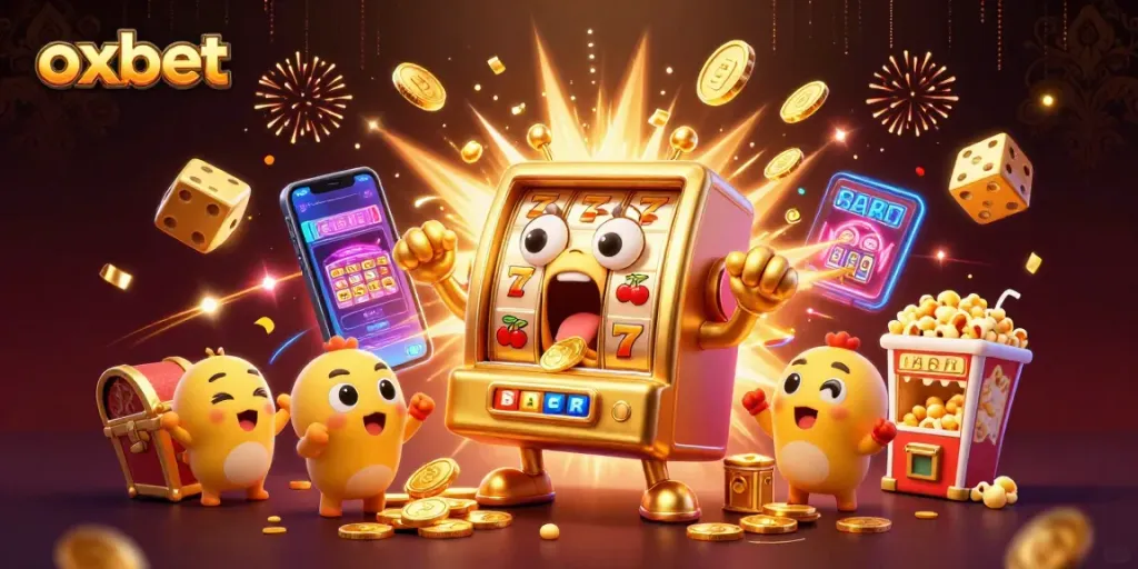 Experience oxbet's exciting jackpots with a lively carnival scene of slot machines celebrating big wins.