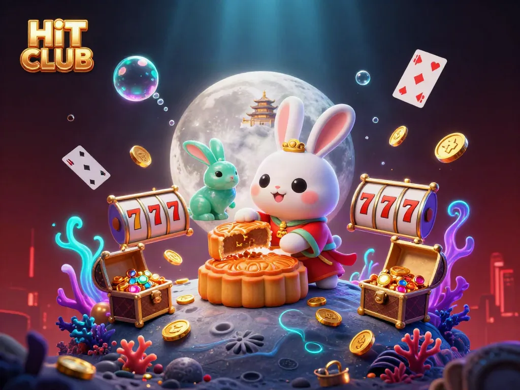 Engage in HIT CLUB's thrilling gameplay as the moon rabbit transforms mooncakes into poker chips, capturing vibrant casino action.