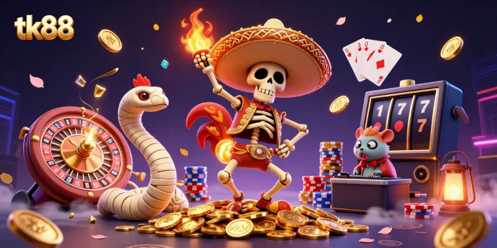 tk88 celebrates gaming with vibrant characters and rich casino elements in an animated 3D scene.