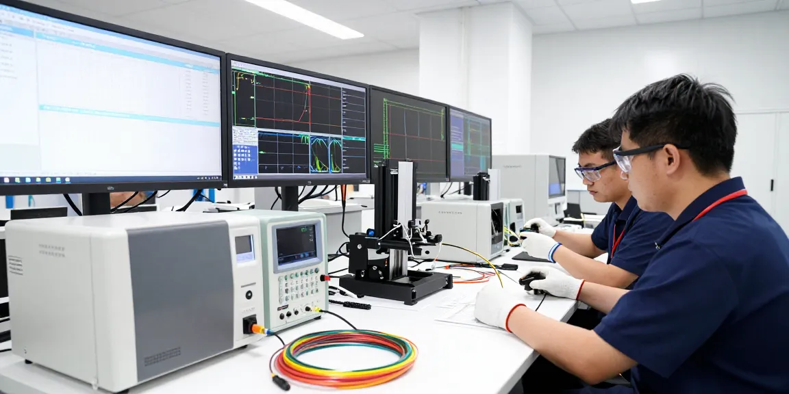Engineers collaborating on high-precision fiber optic components in a modern lab.