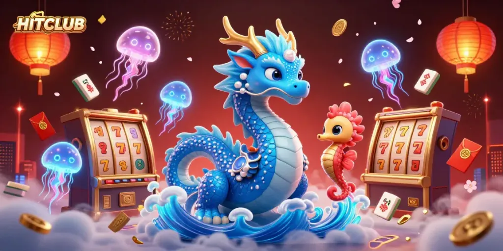 Engage with HITCLUB's vibrant gamescape featuring a dragon and joyful underwater creatures.