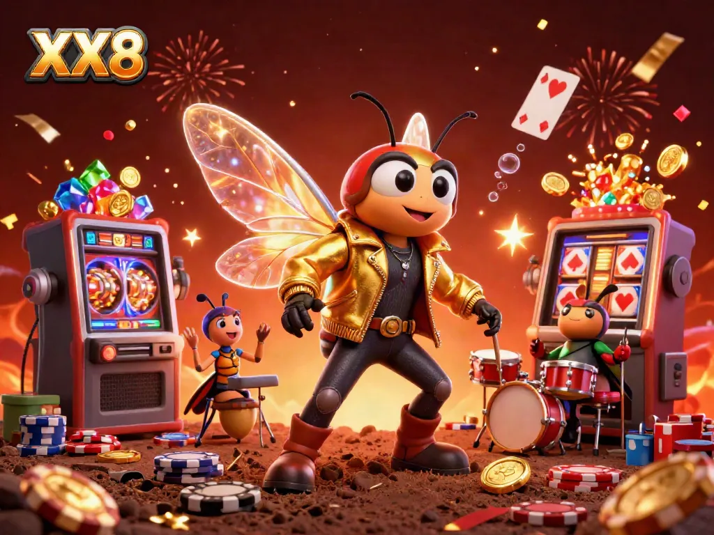 Experience the buzz of XX8 with a rock star cicada and casino elements in this vibrant illustration.