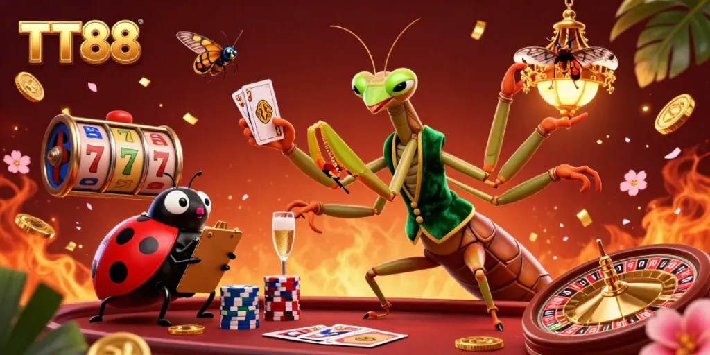 TT88 features a whimsical casino scene with a giant mantis dealer, ladybug pit boss, and vibrant game elements.