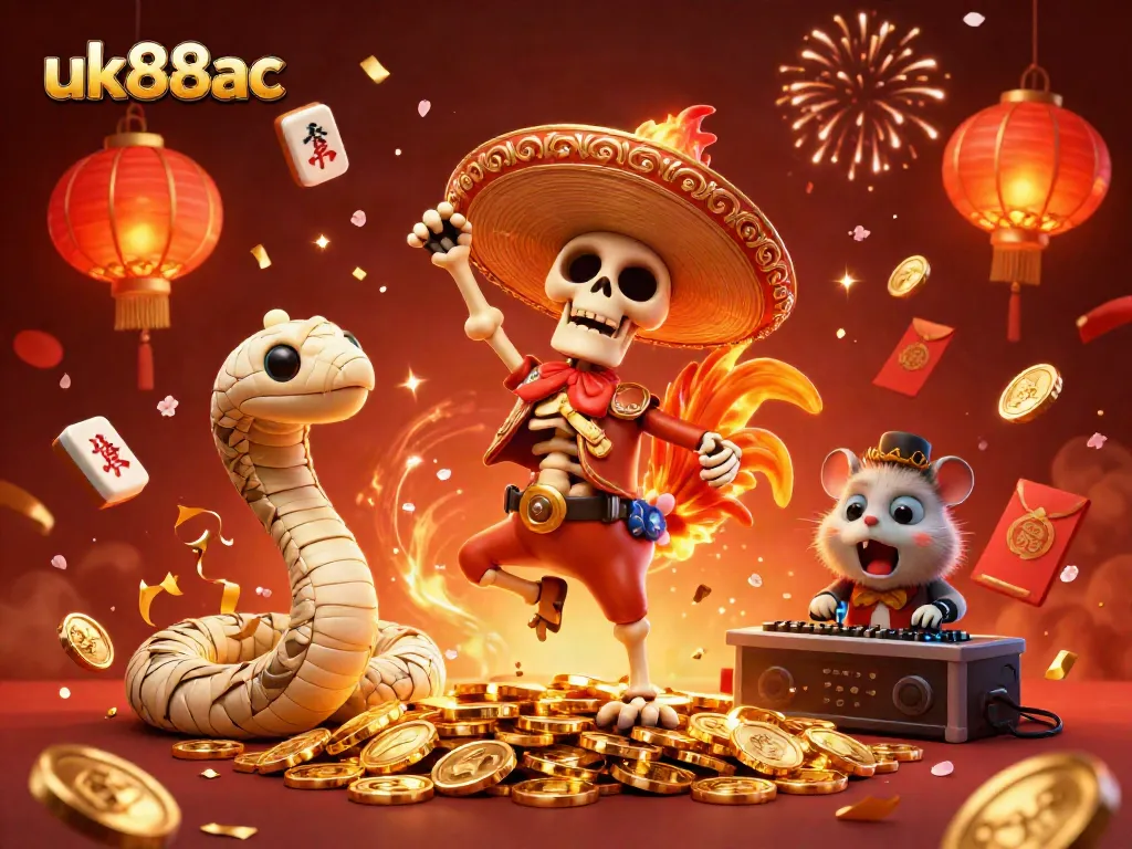 Experience the thrill of uk88ac with a vibrant victory dance on golden coins featuring a mariachi rooster and golden treasures.