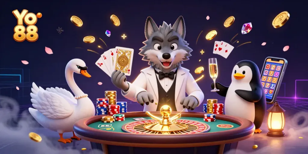 Experience the thrill of Yo 88 with a wolf, swan, and penguin at a lively baccarat table.