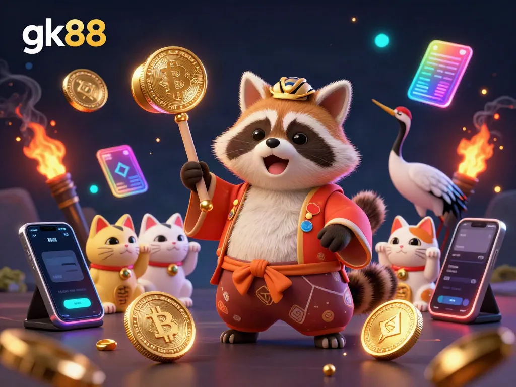 gk88 showcases exciting gaming with a cartoon tanuki and maneki-neko inviting players to win big.