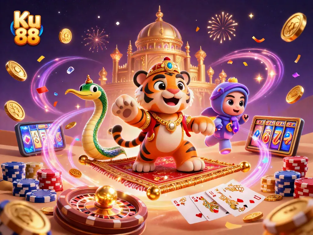 Experience the excitement of Ku 88 with vibrant casino elements and characters in a magical setting.