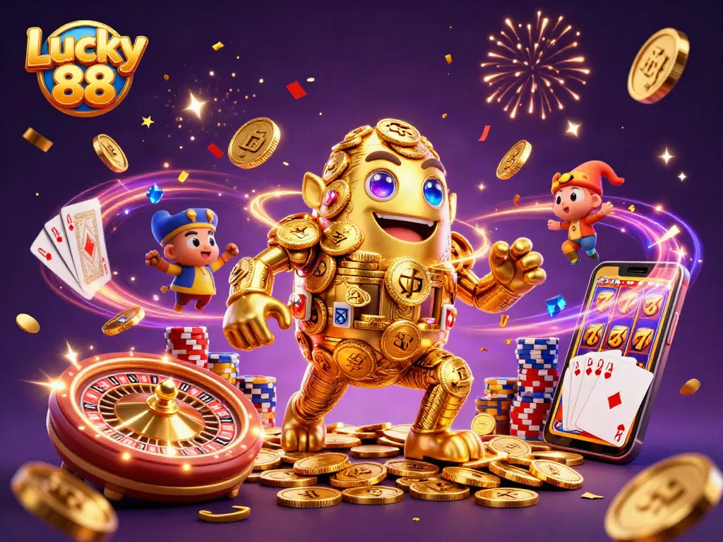 Experience thrilling gameplay with Lucky 88's 3D golden golem amidst cascading coins and vibrant casino elements.