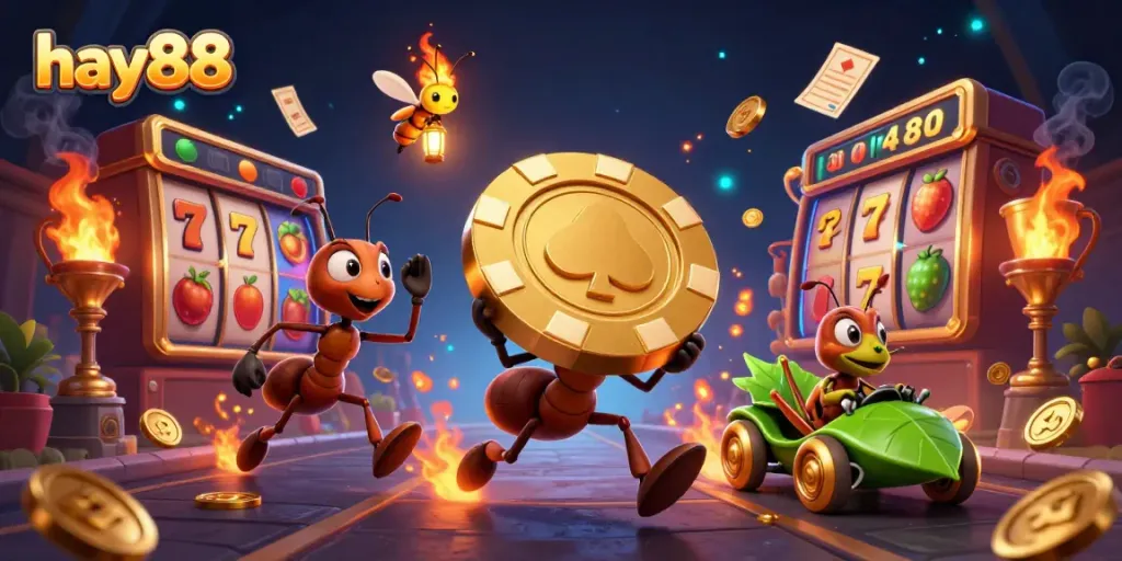 Ants in a heist carrying a golden poker chip for hay88, surrounded by vibrant slot elements.