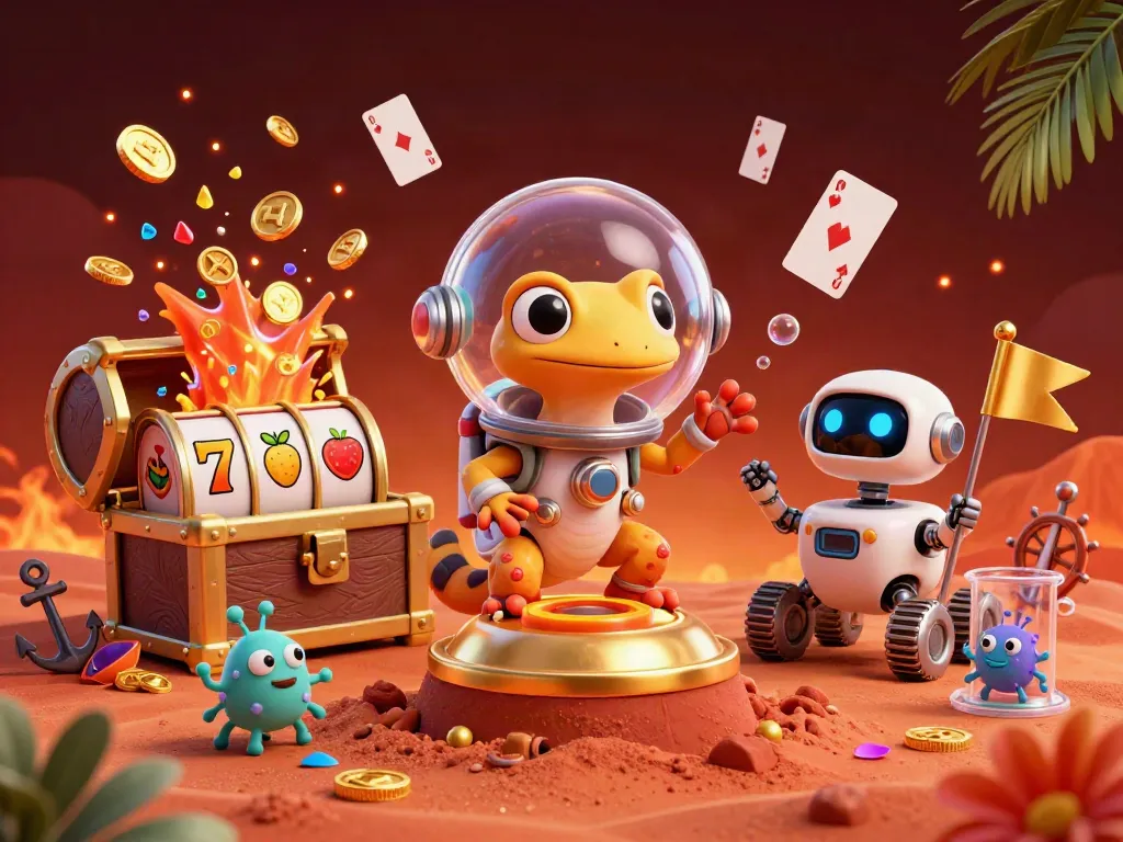 MAY88n showcases an exciting casino scene with vibrant slot reels, a Martian gecko, and gold treasures.