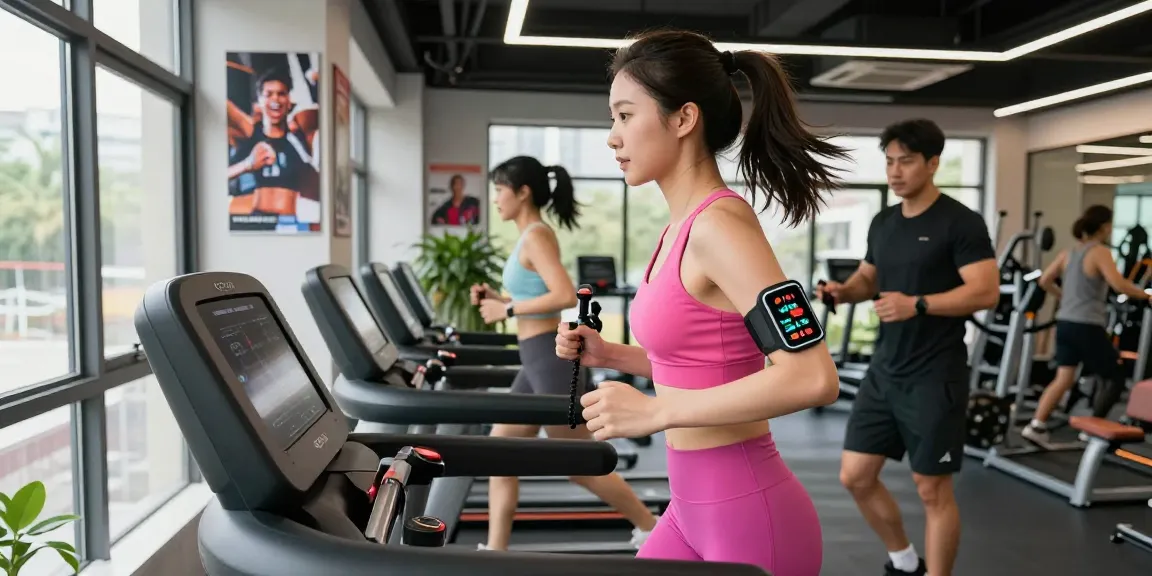 Active woman using a health tracker during treadmill workout in a modern gym environment.
