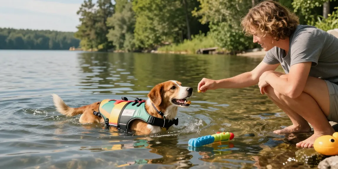How to teach your dog to swim with joy at a sunny lakeside, featuring a dog in a life jacket and owner encouraging swimming.