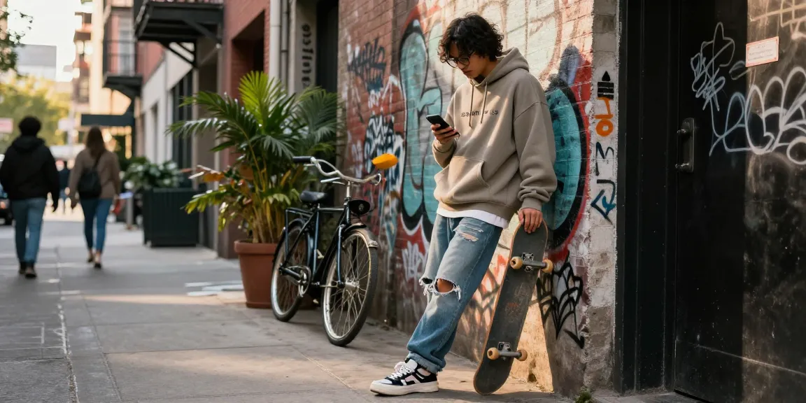 Stylish urban youth wearing an Essentials hoodie, checking phone against graffiti backdrop in city alley.