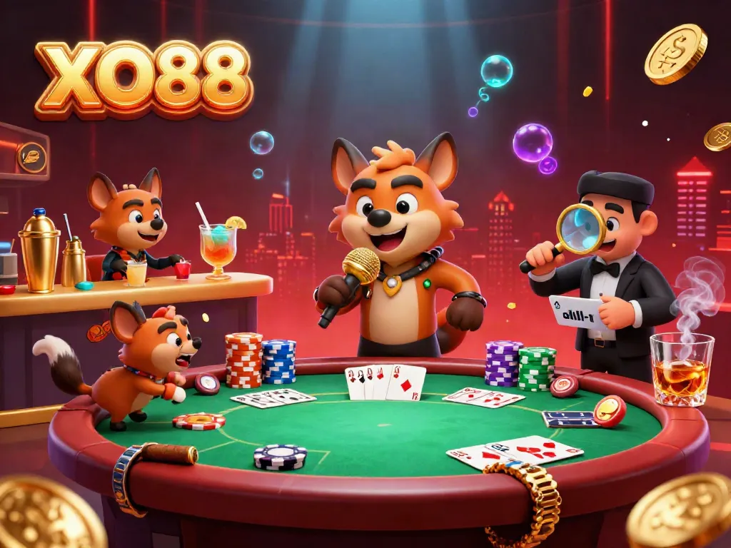 Experience the excitement of XO88 with hyenas in a vibrant casino featuring drinks, poker, and comedy.