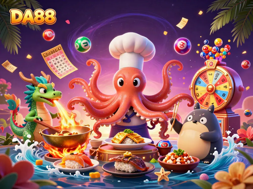 DA88 jackpot show with a sushi chef octopus, dragon, and tanuki enjoying vibrant lottery action.
