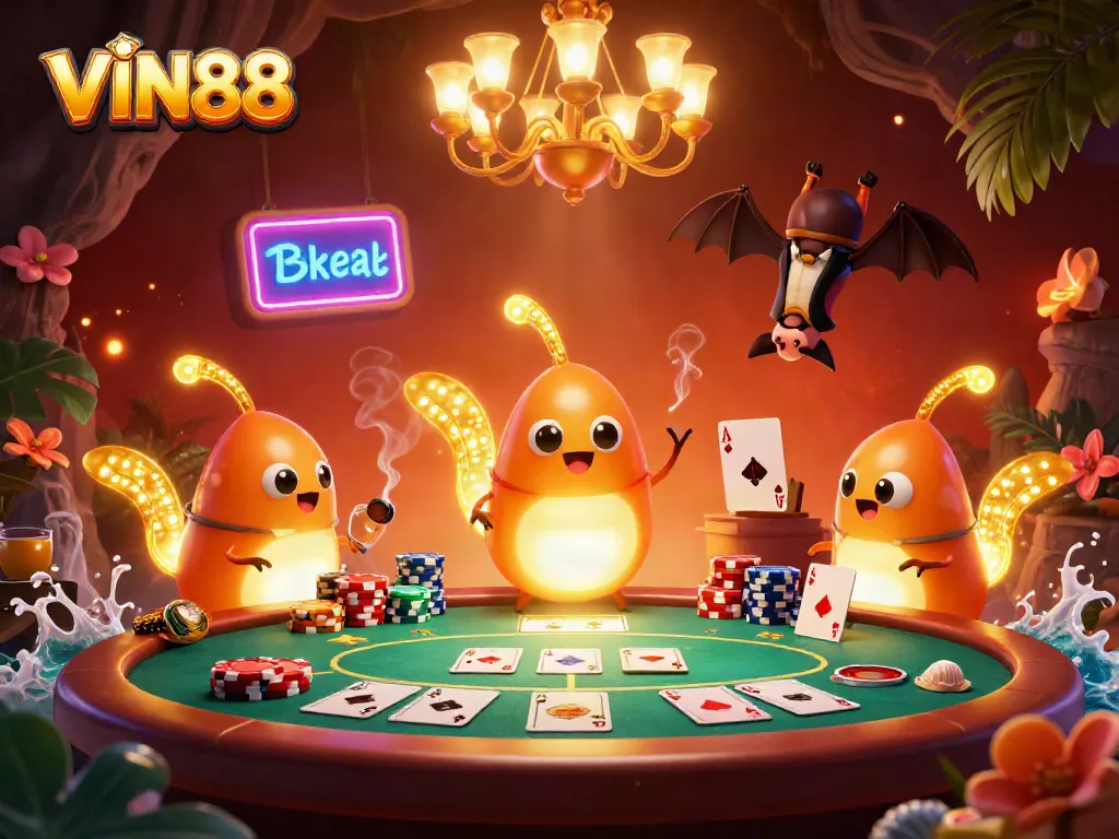 Experience thrilling gameplay at VIN88 with a vibrant, illuminated casino scene featuring poker elements.