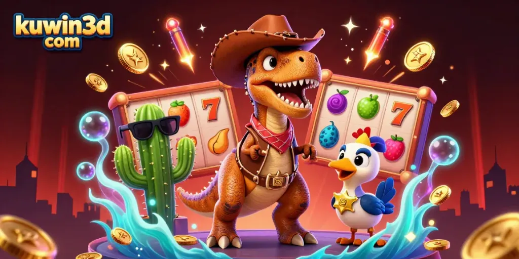 Experience thrilling gaming action with kuwin3d com featuring vibrant 3D characters in a lively casino scene.