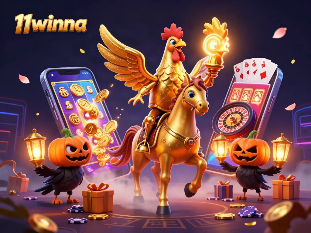 Experience thrilling wins with 11winna in a vibrant midnight casino scene with golden rooster and game action.