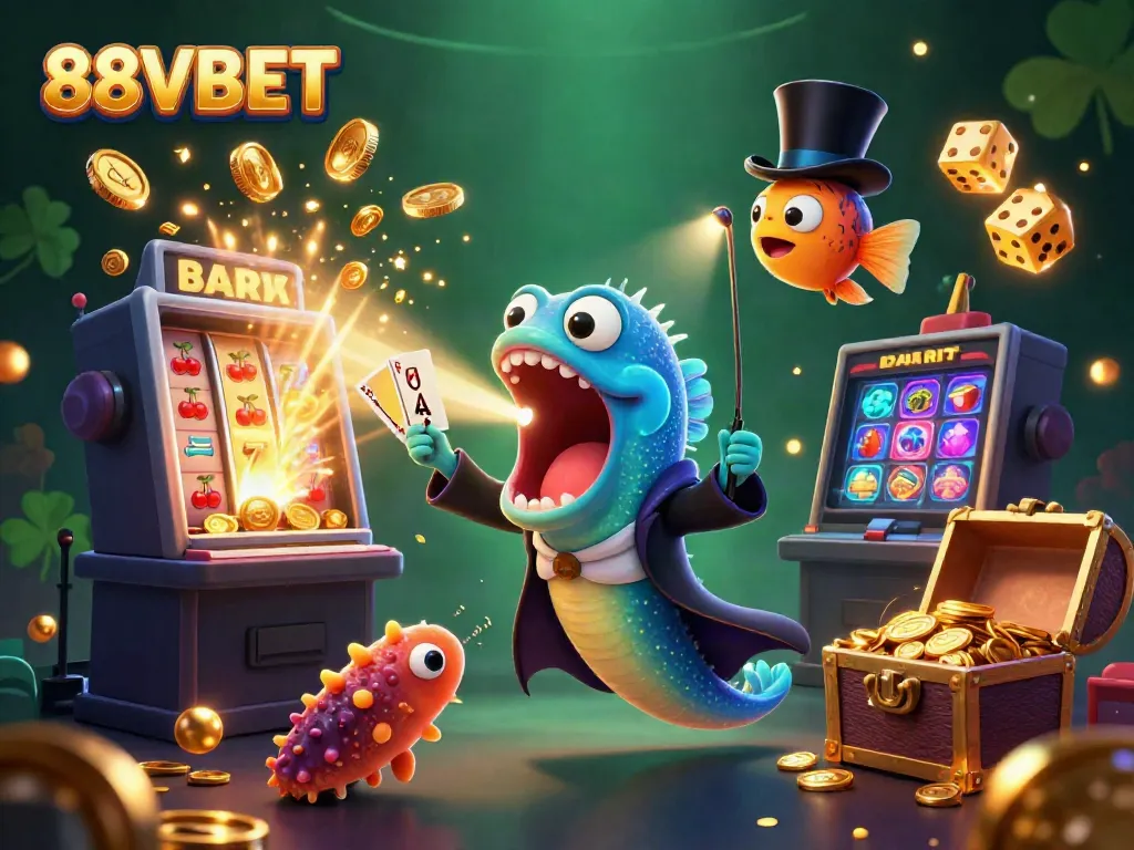 Experience the excitement of 88VBET's magic with lively casino scenes and whimsical characters.