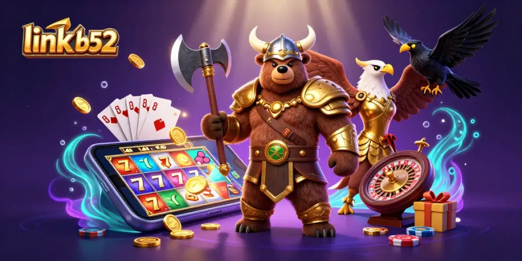 Engage with thrilling games at link b52, featuring a Viking bear, eagle, and vibrant casino elements.