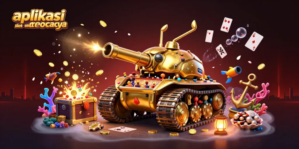 Engage with aplikasi slot online terpercaya through a vibrant 3D casino scene full of action and game elements.