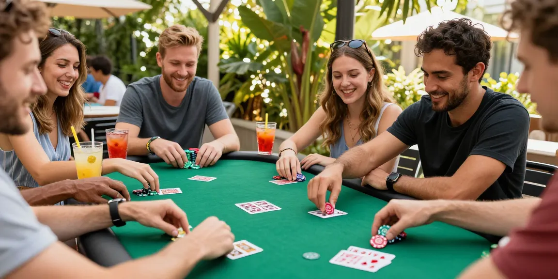 Engaging friends enjoying personalized poker chips at a sunny outdoor party.