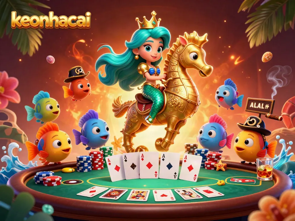 Experience thrilling poker action with keonhacai as the mermaid princess plays cards on a seahorse.