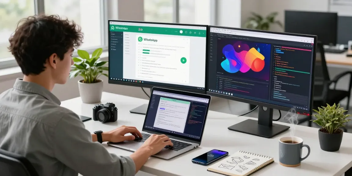 Person using WhatsApp網頁版 in a modern office setting, showcasing a productive tech workspace.