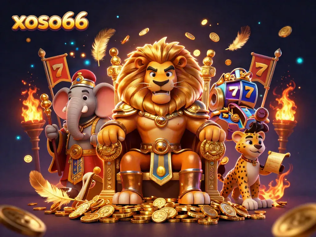 xoso66 offers an exciting casino experience with a cartoony lion king, coins, and dynamic game elements.