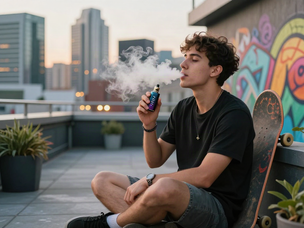 Young adult enjoying raz vape on a rooftop terrace with city skyline.