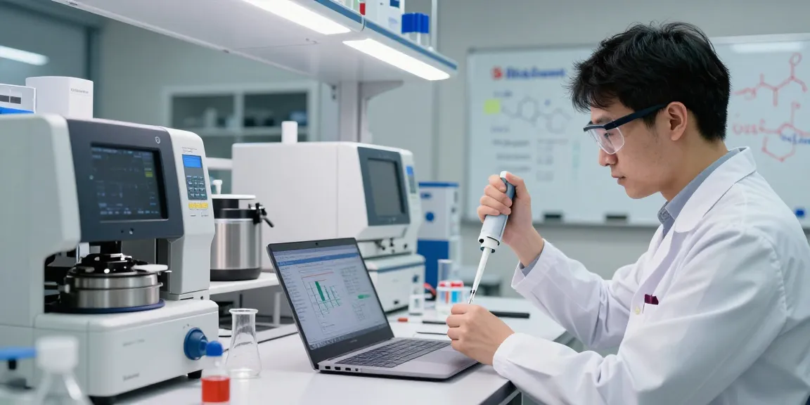 Scientist analyzing SwissChems Peptide samples in a modern lab, showcasing high-precision equipment.